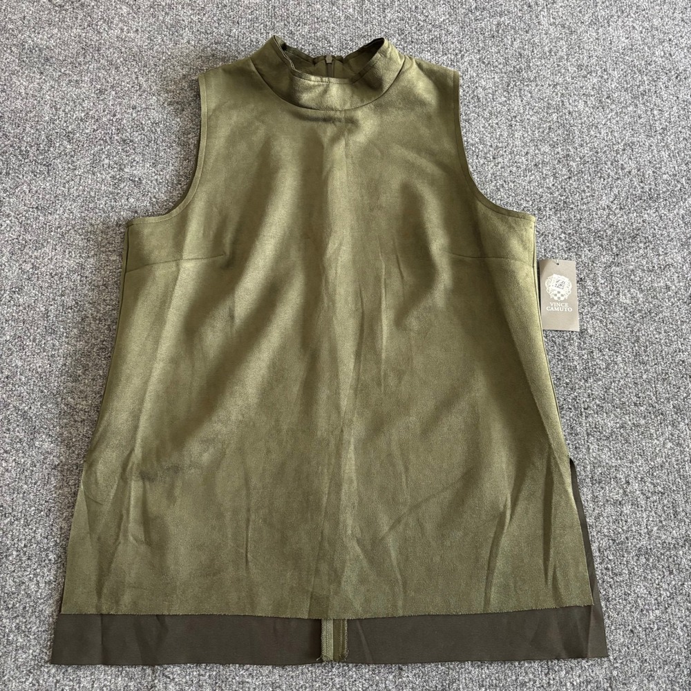 Vince Camuto Womens Pine Forest Green Faux Suede Mock Neck Sleeveless Top M NEW